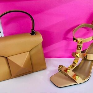 Tan Handbag and Sandals with Gold Studs